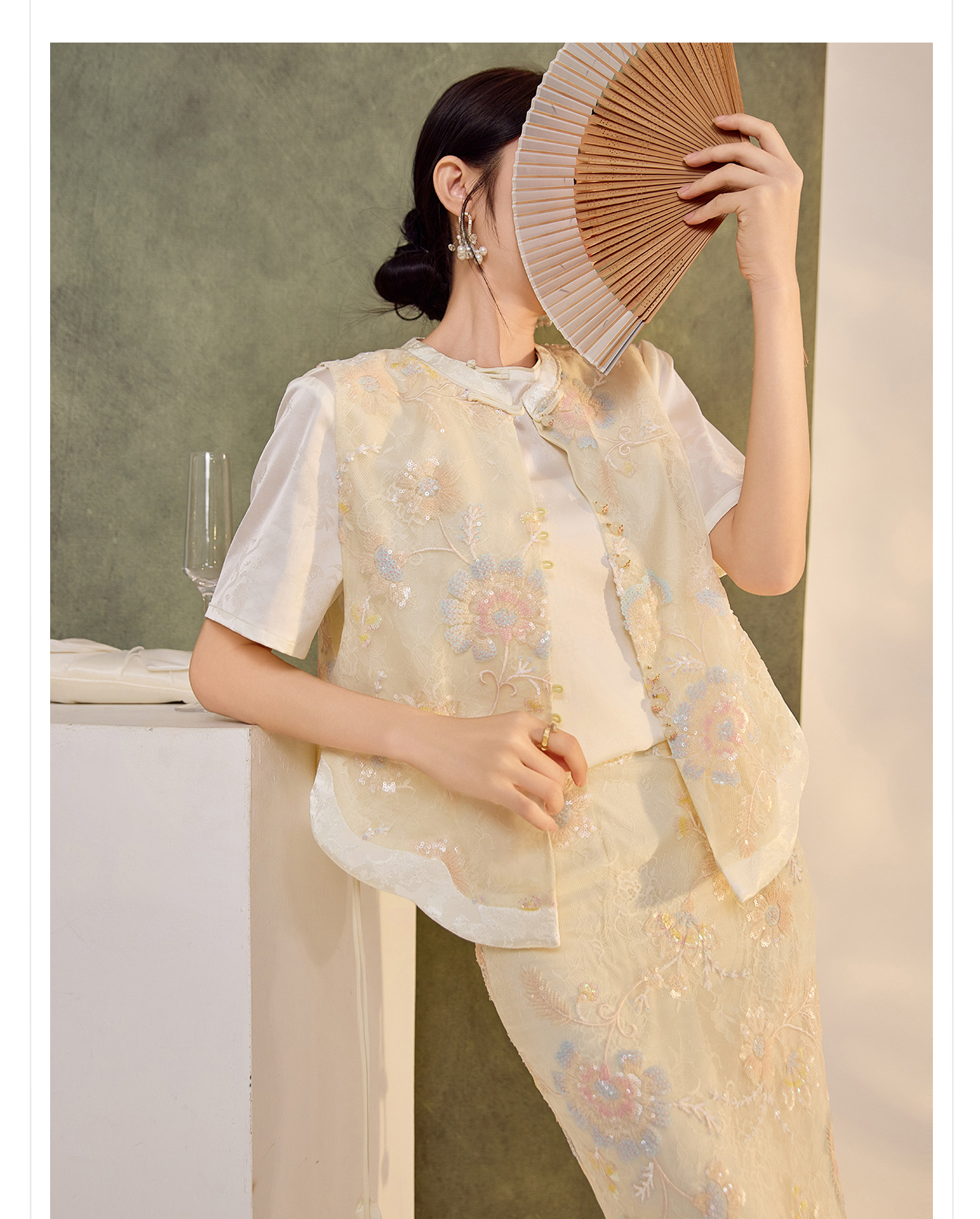 Bộ áo vest và váy nữ phong cách Trung Hoa thêu hoa văn nặng, nút tua rua ZX N5035 — Váy nửa, Áo gilê chi tiết 7