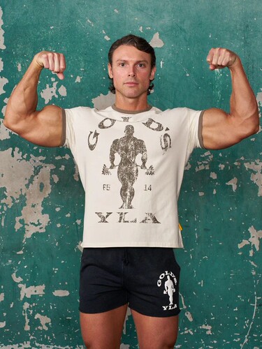 New YOUNGLA x GOLDSGYM Retro Gym Men's and Women's Cotton-Polyester Elastic Fitted T-Shirt