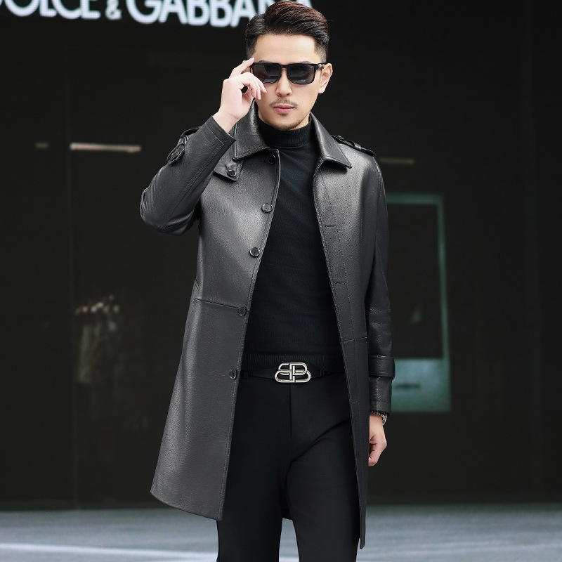 春季新款男士真皮皮衣男中长款风衣山羊皮外套商务男装大码皮衣潮