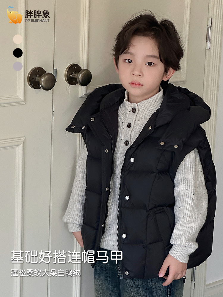 Hombres y niñas chaleco de pluma otoño y invierno 2024 nuevo tipo de niños, niños mayores, bebés encapuchados, chaqueta universal, ropa exterior caliente