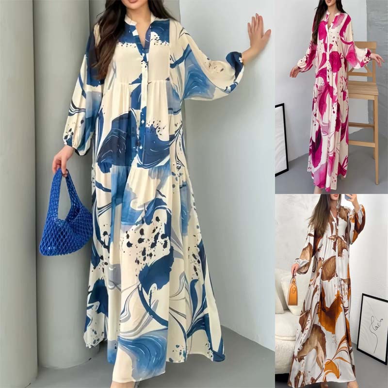 2025 European and American New Style Amazon Independent Station Printed Dress Loose Casual Long-Sleeved Elegant V-Neck Long Dress