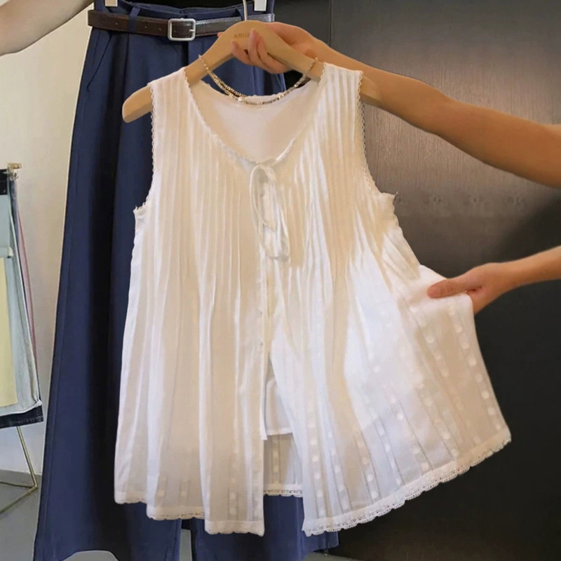 Korean-Style Elegant Heavy Lace Embroidery White Shirt for Women, Summer 2026 New Pleated Sleeveless Top A12078