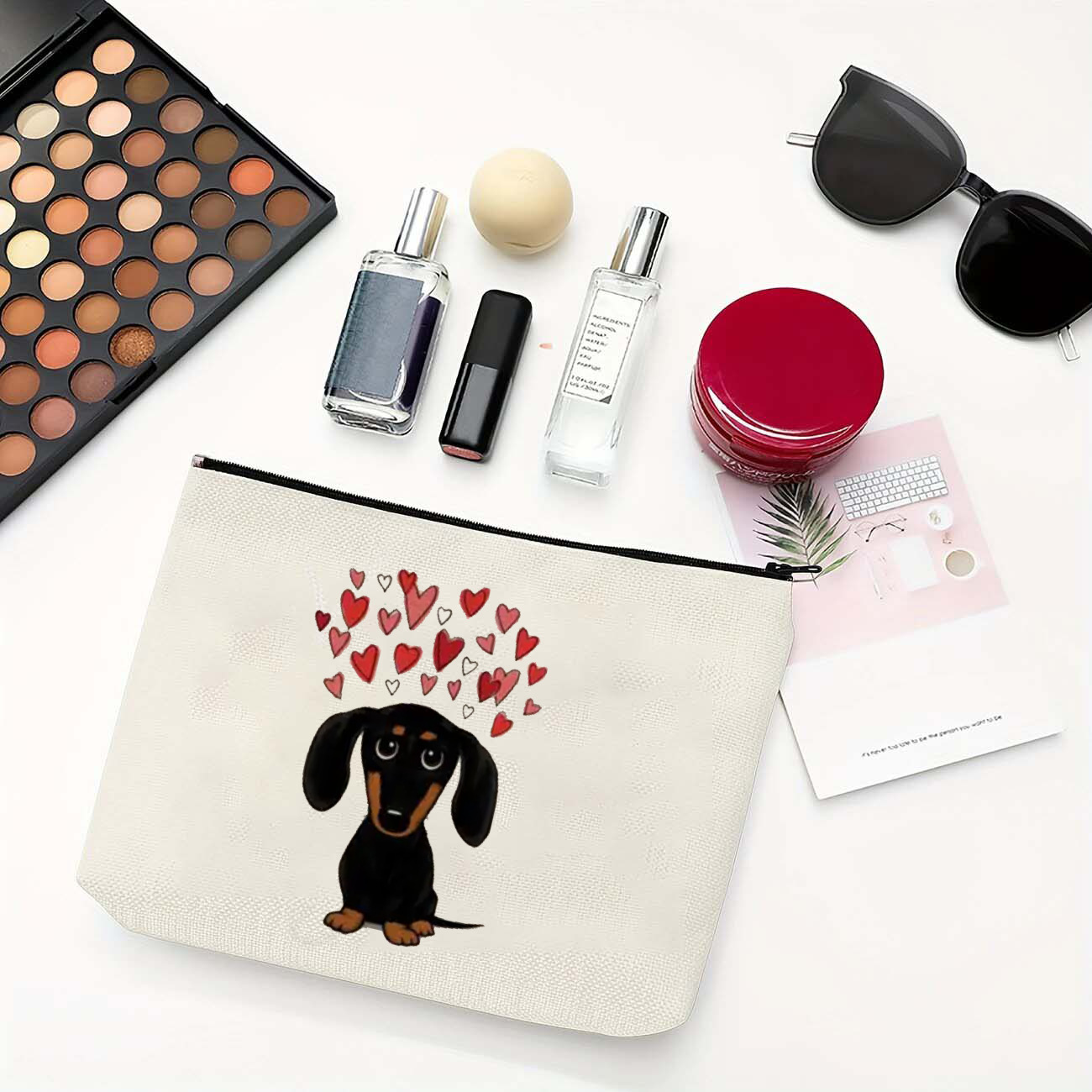 Bolso cosmético para cachorros de amor explosivo de Amazon transfronterizo Bolso cosmético estampado de doble cara de lino impermeable Bolso con cremallera para damas