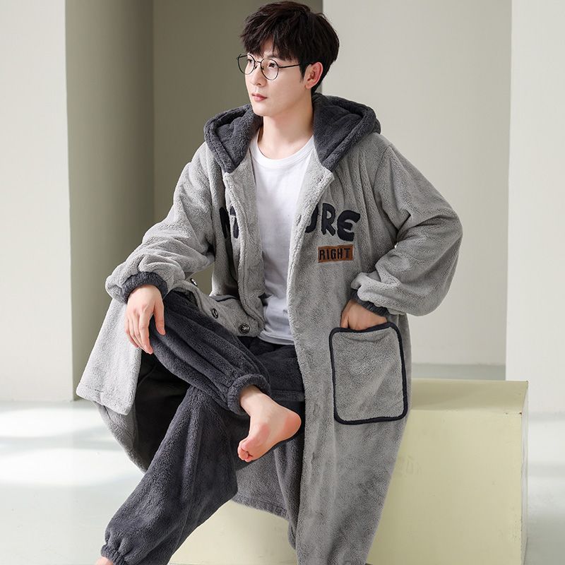 125kg Pajamas Men's Coral Fleece Autumn and Winter Thickened Velvet Pajamas Extra Large Size Flannel Bathrobe Home Clothing Set