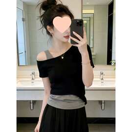黑色露肩短袖t恤女装2026新款爆款夏季设计感独特漂亮巨好看上衣