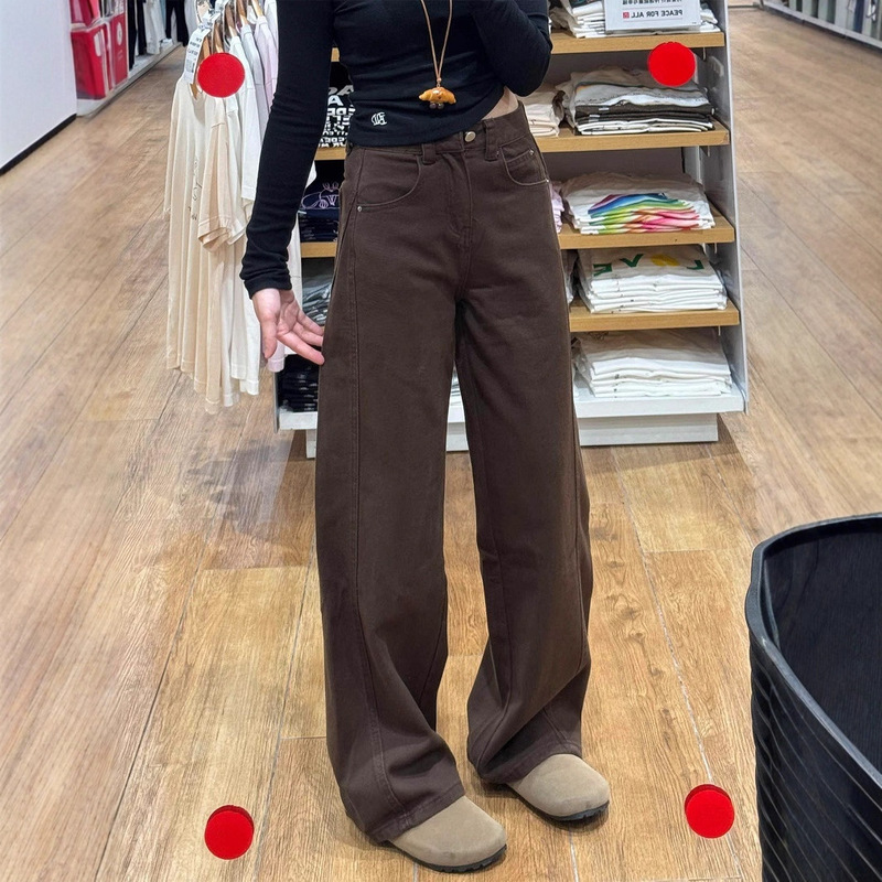 Brown Wide-Leg Jeans for Women, Autumn and Winter New Design, High-Waisted, Loose, Slimming, Versatile Straight-Leg Floor-Length Pants