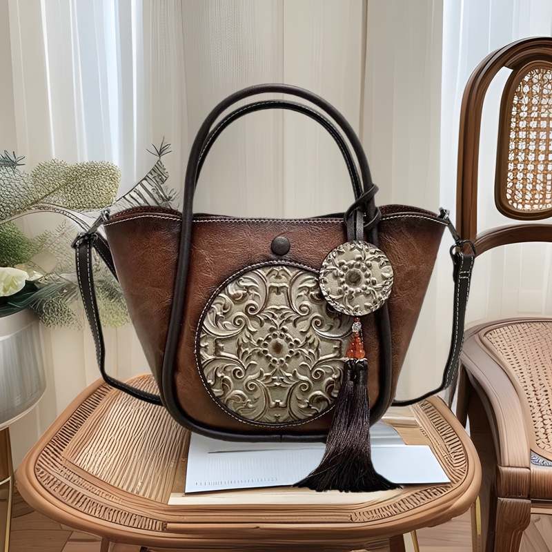 2025新款复古中国风皮雕搭配旗袍棉麻手提单肩女包258619撞色