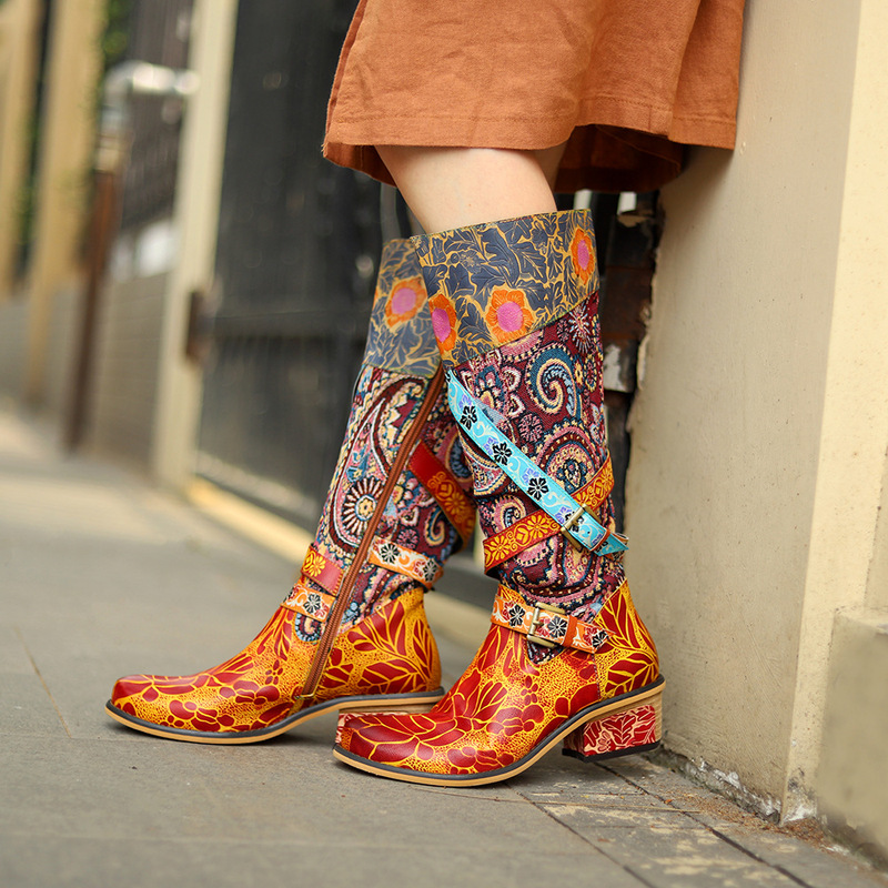 Foreign Trade Large Size Retro Heavy Industry Printed Women's Boots Thick Heel Knee-length Women's Boots Foreign Trade Large Size Retro Heavy Industry Printed Women's Boots Thick Heel Knee-length Women's Boots