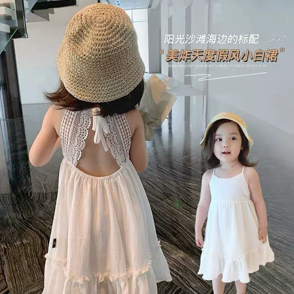 White Lace Backless Girls' Dress 2026 Summer Seaside Vacation Beach Suspender Dress Children's Stylish Dress