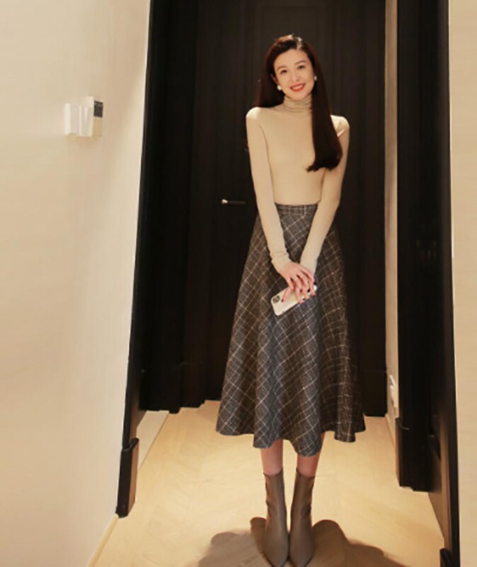 Warm and intellectual plaid wool overskirt all-match large swing skirt mid-length