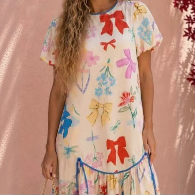 8109 Cross-Border 2026 Amazon European and American Women's Fashion Summer New Printed Lace Long Dress