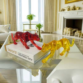 透明几何豹摆件家居客厅创意树脂工艺品办公室动物装饰品礼品批发