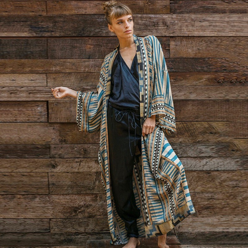 Cross-Border Striped Beach Sun Protection Cover-Up for Women, Bikini Outerwear, Long Cardigan, Summer High-End Style