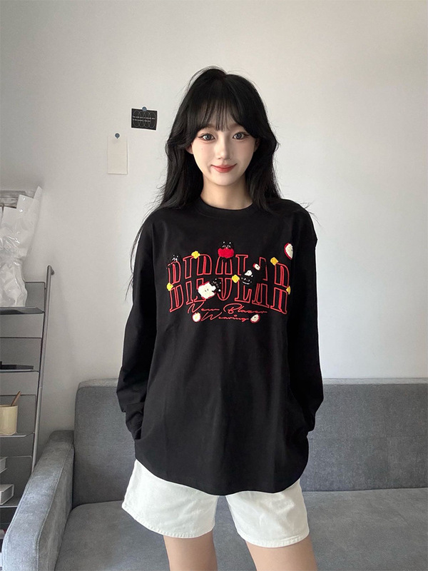 美式复古刺绣圆领长袖t恤女秋季2025新款运动休闲设计感宽松上衣|undefined
