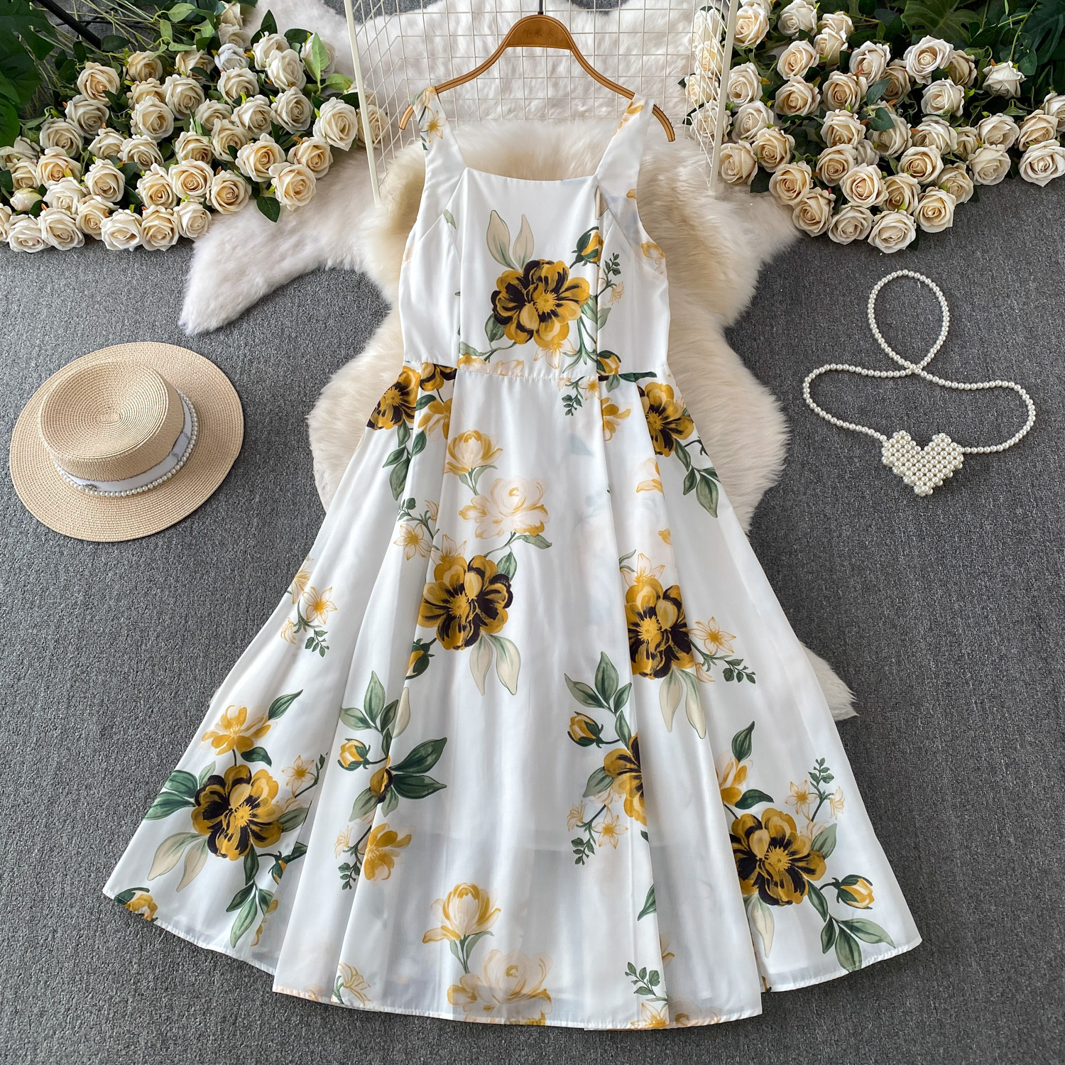 Romantic Floral Print Square Neck Dress European American Style Summer Suspender High Waist Cinching Slimming Full Skirt Women's Clothing_ecoleips.com
