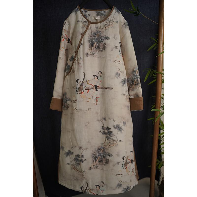 Zimo Qinghe ~ Feeling National Style Printed Quilted dress Women's Chinese Style Slant Placket Modified Cheongsam Thickened Robe