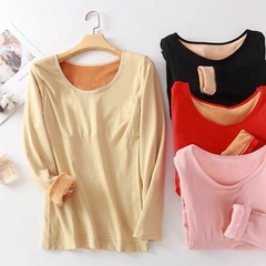 Winter new Korean-style large round-neck fleece-lined thickened warm top women's slim-fit long-sleeved base shirt tight-fitting underwear