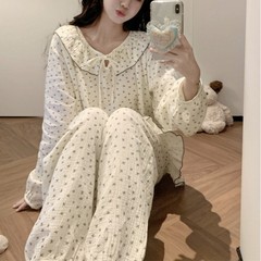 韩国ins女士秋季新款双层棉纱印花圆领牙边花边系带家居服睡衣 女