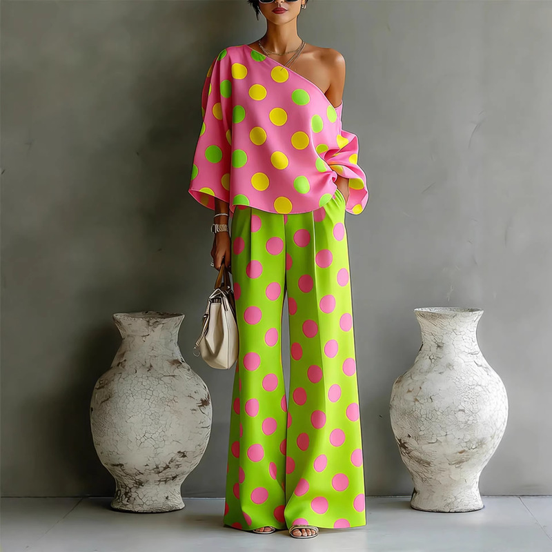 2026 European and American Cross-Border Summer Amazon New Independent Brand Colorful Polka Dot Off-Shoulder Flowing Two-Piece Pants Set for Women 2026 European and American Cross-Border Summer Amazon New Independent Brand Colorful Polka Dot Off-Shoulder Flowing Two-Piece Pants Set for Women
