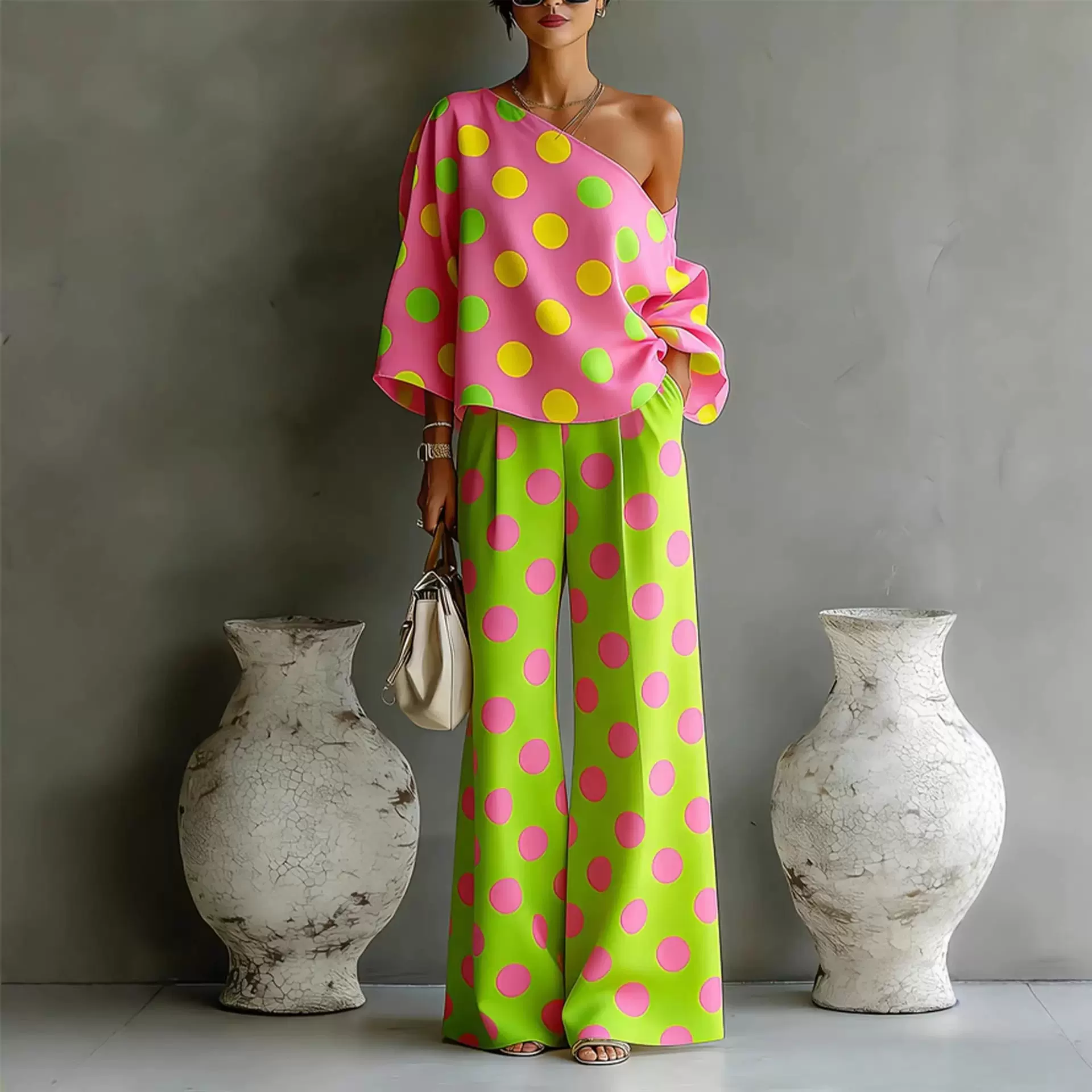 2026欧美跨境夏季亚马逊新款独立站彩色波点露肩飘逸两件裤套装女