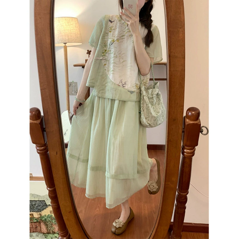 Новая рубашка в национальном стиле в китайском стиле с пуговицами, элегантный топ для чайного костюма, сказочная свободная утягивающая юбка, костюм-двойка