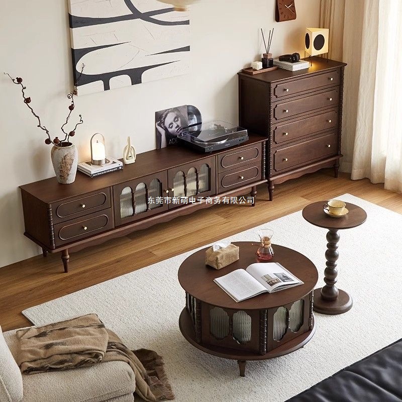 Solid Wood Retro French American Floor-Standing Living Room Storage Cabinet Tv Cabinet Coffee Table Combination Storage New Internet Celebrity Home