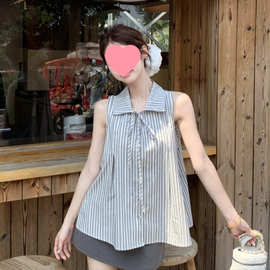 蝴蝶结绑带撞色条纹polo领衬衫女夏季宽松无袖背心小衫娃娃衫上衣
