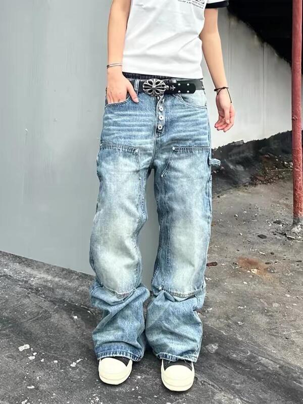 American High Street Vibe Button-Up Workwear Jeans for Men, Summer Vintage Washed and Distressed Loose Wide-Leg Curved Pants American High Street Vibe Button-Up Workwear Jeans for Men, Summer Vintage Washed and Distressed Loose Wide-Leg Curved Pants