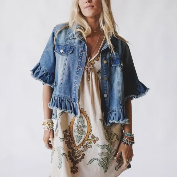 European and American Cross-Border Autumn New Fashion Women's Denim Jacket Short-Sleeved Ruffled Fringe Hem Denim Top