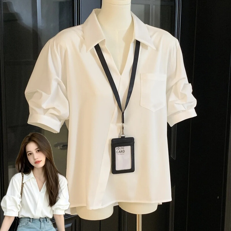 Highly Intellectual French-Style White Collared Short-Sleeved Shirt for Women, New Summer Style Puff-Sleeved Workwear Top