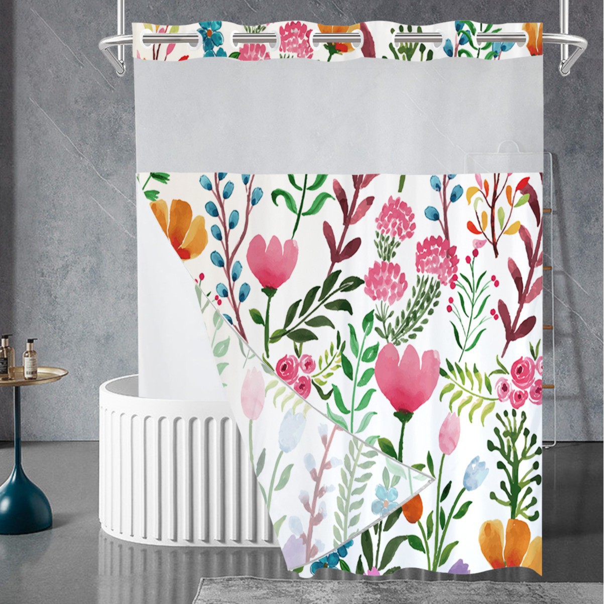 La cortina de baño impermeable con impresión digital de anillo grande de doble capa del fabricante, cortina de baño de hotel de poliéster pongee, se puede personalizar con imágenes transfronterizas