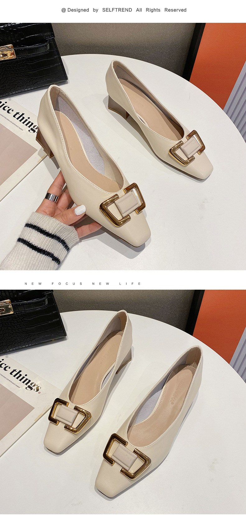 Classic Cowhide Women's Loafers With Mid-heel And Square Toe Design_voghion.com
