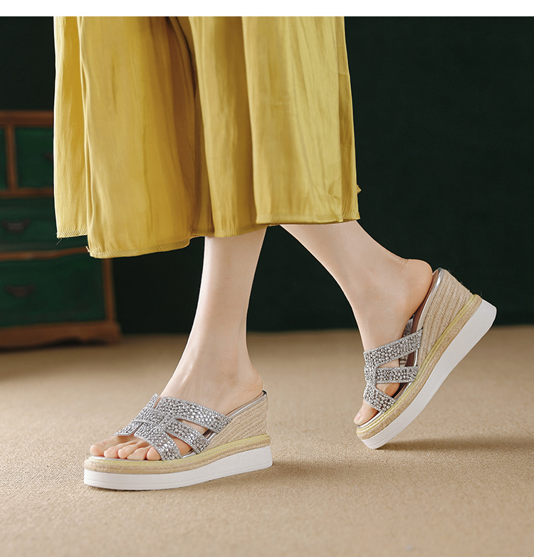 Sandal cao gót nữ hở mũi đính đá pha lê quai ngang đế xuồng — Champagne màu, bạc chi tiết 6