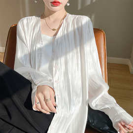 电商供货仿真丝缎面醋酸衬衫女感V领流光宽松慵懒防晒空调开衫衬