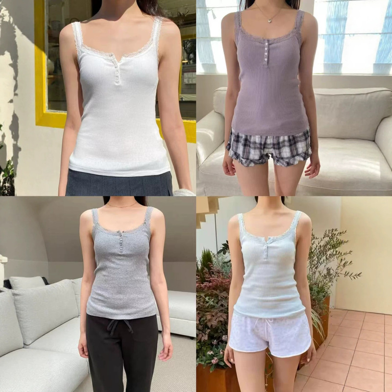 Bm Style New Four-Button Ribbed Lace Trim Camisole for Women, Slim Fit, Suitable for Both Inner and Outer Wear, Flattering and Stylish Bm Style New Four-Button Ribbed Lace Trim Camisole for Women, Slim Fit, Suitable for Both Inner and Outer Wear, Flattering and Stylish