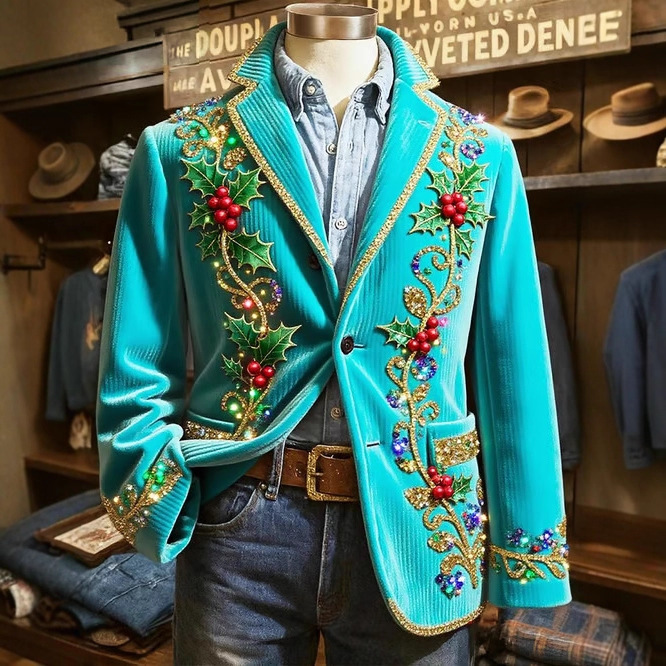 2025 Autumn/Winter New Men's 3D Printed Retro Christmas Pattern Casual Fashion Suit Collar Jacket Suit