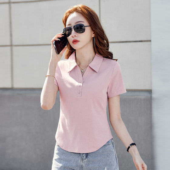 POLO collar short sleeve T-shirt women's summer slim slim solid color button Tmall jingdong trembles supply a generation of hair