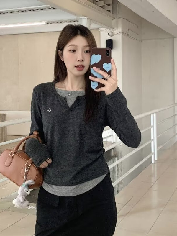 小众设计感假两件撞色拼接长袖T恤女秋季修身显瘦打底衫内搭上衣|undefined