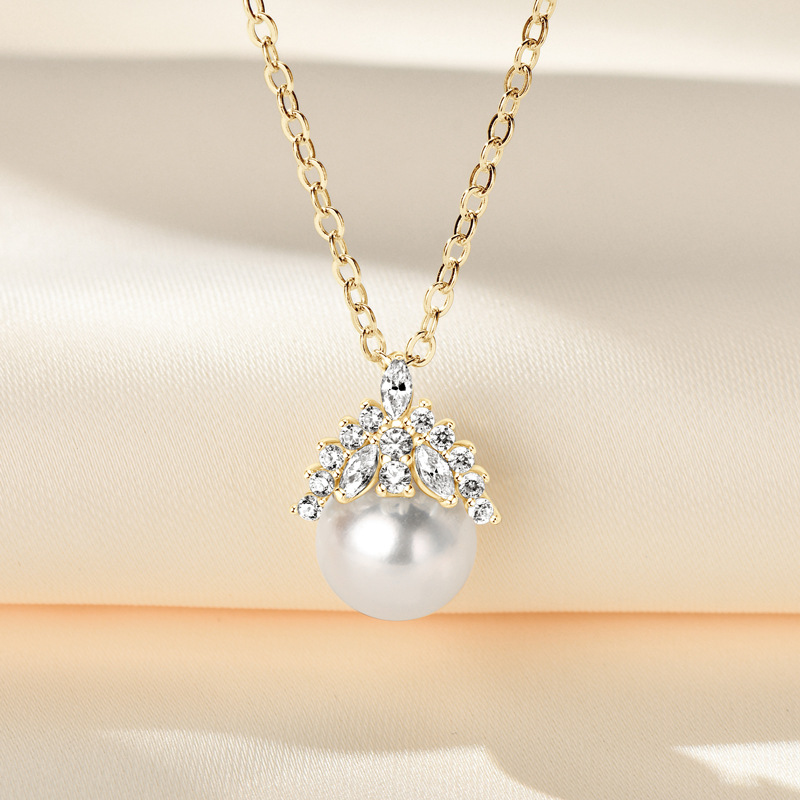 Exquisite S925 Sterling Silver Crown Pendant Necklace with Moissanite and Pearl - Fashion Jewelry Gift for Women