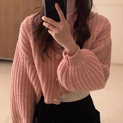 韩系粗线针织短款开衫女秋季新款小个子时尚百搭减龄单排扣毛衣女