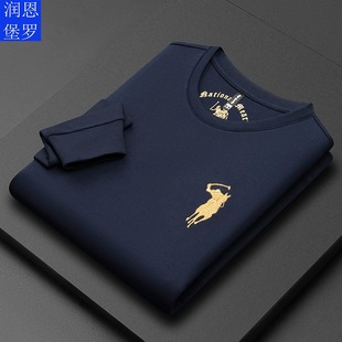Runenbao high-end space cotton embroidered round neck long-sleeved T-shirt top men's young and middle-aged Paul cotton sweater men