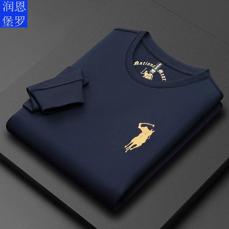 润恩堡罗高档太空棉刺绣圆领长袖t恤上衣男 中青年保罗纯棉卫衣男