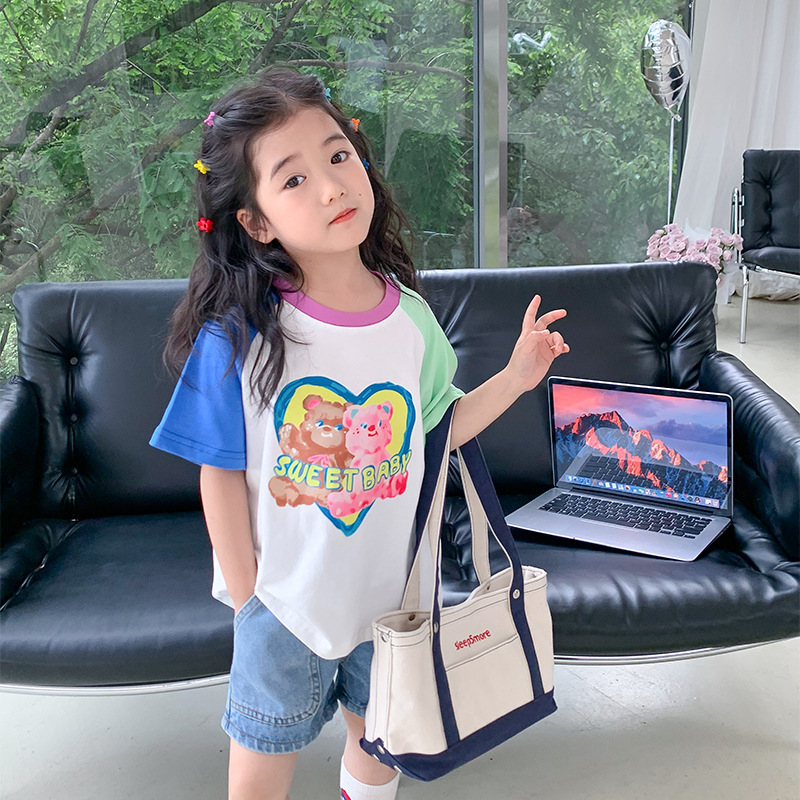 女孩插肩袖T恤儿童印花短袖上衣韩版2023夏季新款拼色半袖打底衫