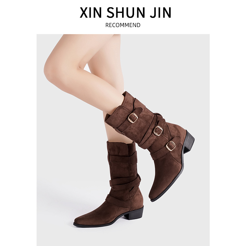 Spetsiga Knight-stövlar för kvinnor Hösten 2024 nya brittiska stövlar med spänne i västerländsk stil, mellanhöga Martens-stövlar för kvinnor_voghion.com