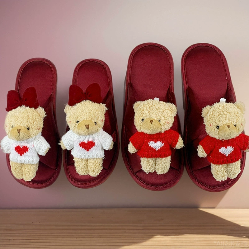 Атласный diy трехмерный медвежонок свадебные тапочки свадебные праздничные красные свадебные пары свадебные свадебные свадебные ватные тапки