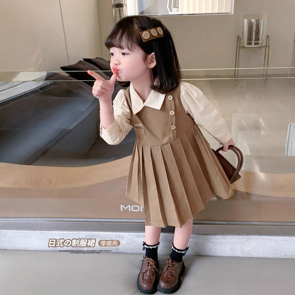 Single-Layer Girls' Faux Two-Piece Dress 2025 Spring and Autumn New Stylish Trendy College Style Princess Dress for Young Children