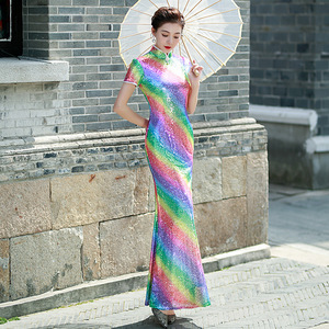 Rainbow Sequins Qipao Chinese Dresses Oriental Qipao runway stage is dignified atmosphere table costumes long sequined fishtail skirt thin qiu dong