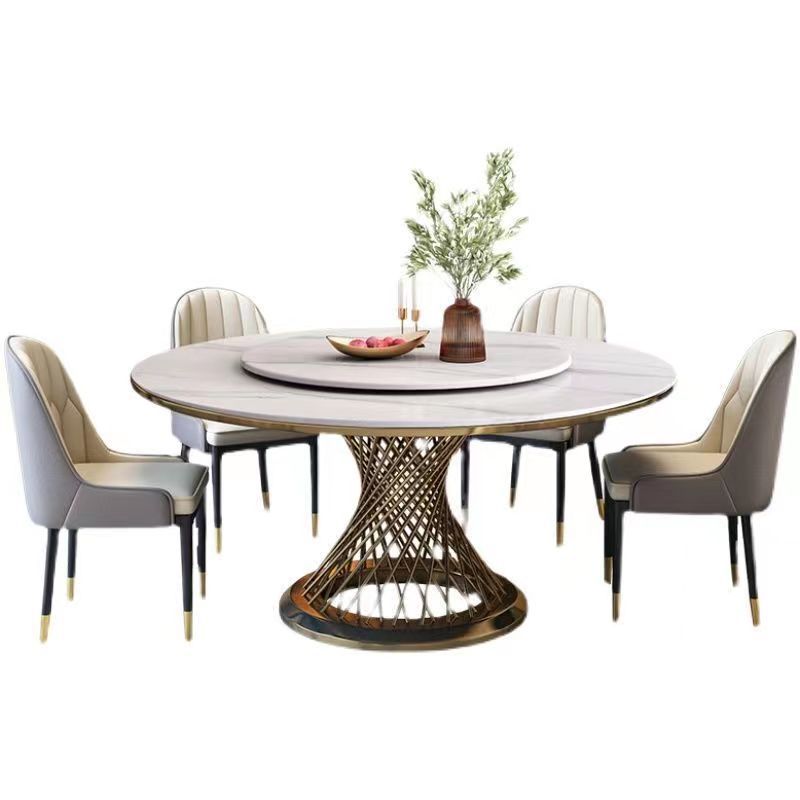 Mesa de comedor de mármol, mesa redonda doméstica, mesa de comedor de roca de lujo ligera con rotación.