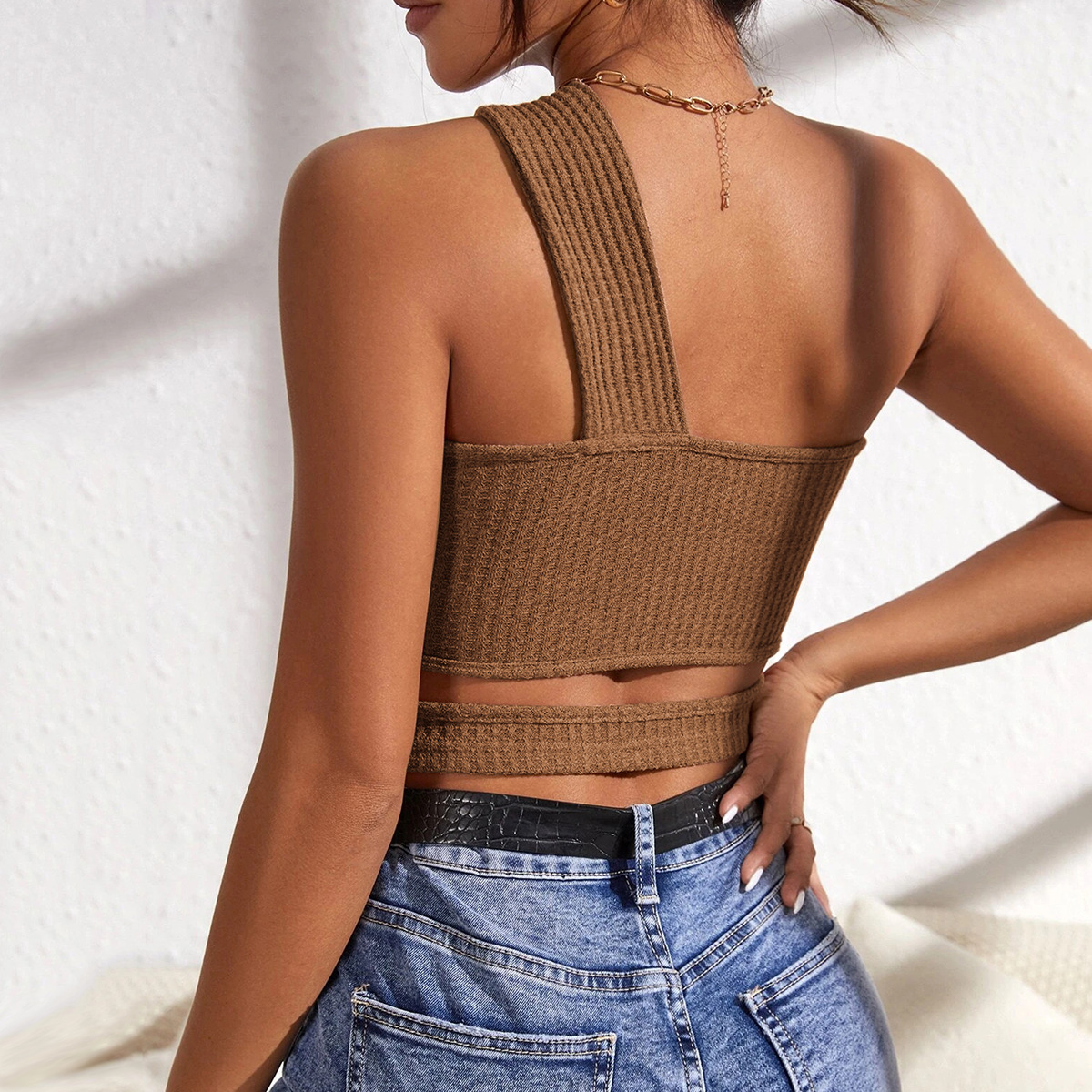 solid color hollow knitted sloping shoulder wrap chest crop top NSYSQ128227