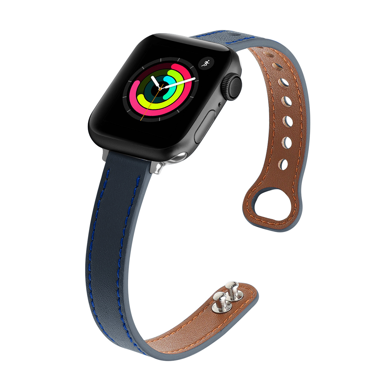 Adecuado para la correa de reloj Apple ultra-fino doble clavo color a juego cuero real pequeña cintura applewatch98 Correa al por mayor